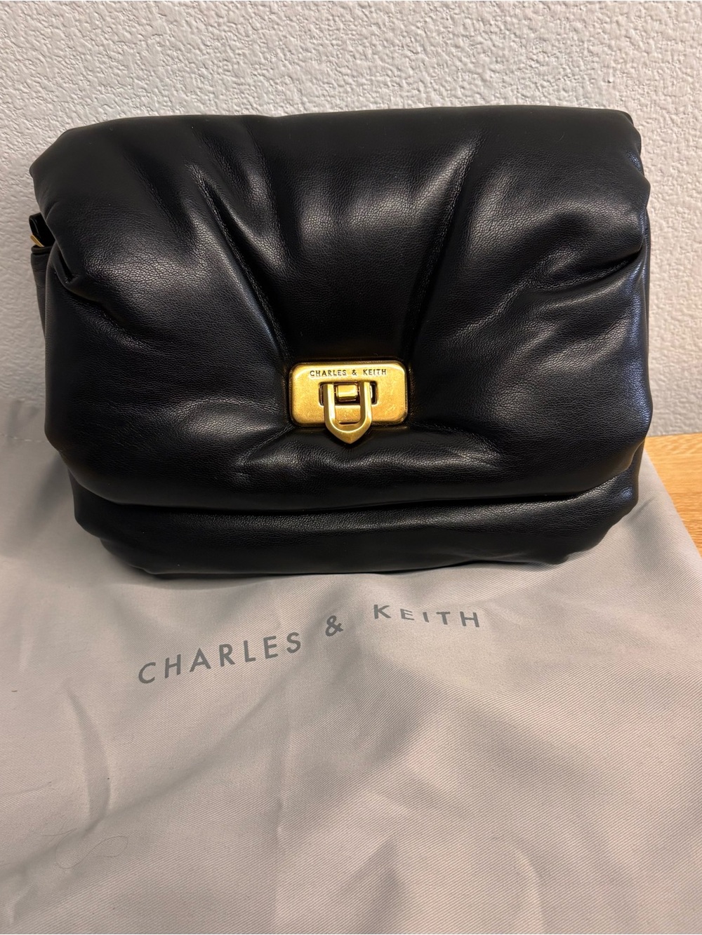 Charles & Keith Paffuto Black Leather Shoulder Bag with Gold Hardware